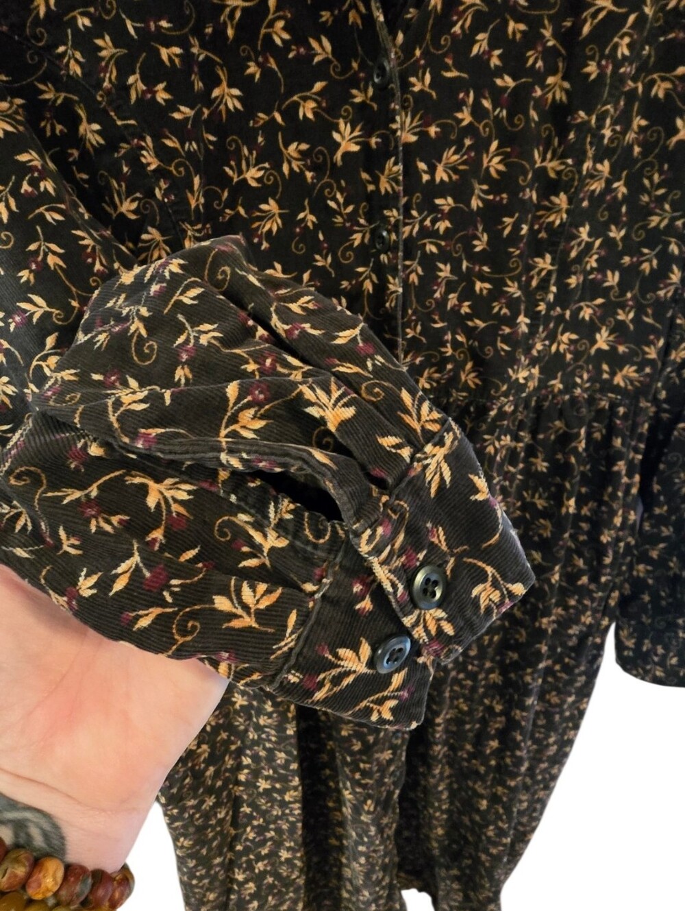 Vintage 90s L.L. Bean Floral Corduroy Button-Down Midi Dress Dark Brown Sz 10 - Picture 8 of 10
